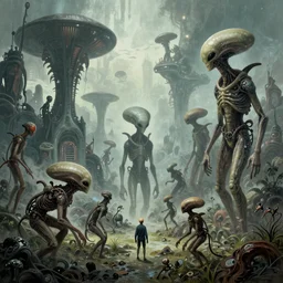alien creatures in a dystopian alien landscape, artstyle Zdzisław Beksiński, very intricate details, high resolution, 4k