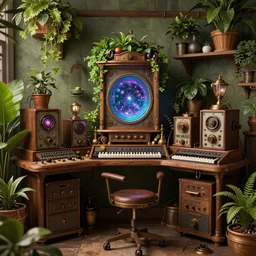 very tidy steampunk home office overseeing a magical portal, lush plants, machines, synthesizer, beautifully lit, by Rebecca Guay, high resolution, trending on artstation