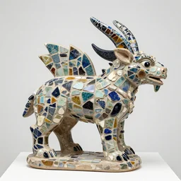 mosaic sculpture of a alebrije chimera!!!, irregularly shaped mosaic tiles, hand glazed pottery shards, in the style of folk art, gallery photo