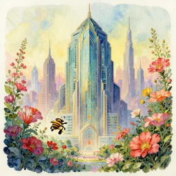 a painting of an art - deco cityscape surrounded by flowers, a watercolor and matte painting by beeple and rhads and maxfield parrish, cgsociety, artdeco, utopia art, sci - fi, artstation hq