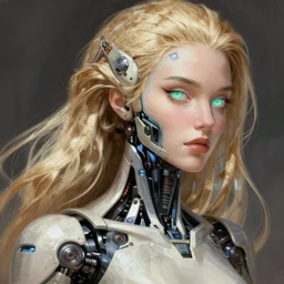 a woman turning into an Android portrait wearing a part cybernetic body, surrealism , scifi, intricate, elegant, sharp eyebrows, ornate long flowing blonde hair, highly detailed cybernetic body, neon glowing eyes, digital painting, artstation, concept art, smooth, sharp focus, illustration, art by Artgerm and moebius and Peter Mohrbacher