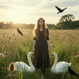 thistles, grass, sun, beautiful woman and a swan. a meadow, late english summer. folk horror style. beautiful. gothic. dreamy. rooks