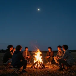 6 people around a campfire, angles in the sky, artistic