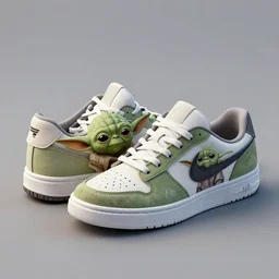 x sneakers shoes based on yoda design designed by tinker hatfield, 3 d render