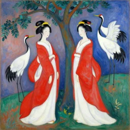 two japanese women wearing red and white flowing dresses next to a tree and two cranes, painting by andre derain