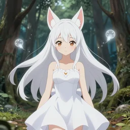 isekai enchanted forest cute curvy anime kitsune with white floating hair, white dress. floating will - o - wisps., symmetrical face. symmetrical detailed defined eyes. beautiful lineart. bokeh pixiv # 1 ranking depth of focus, chromatic aberration, noise, soft lighting, srgb, 4 k, by rembrant, kuvshinov, and ross tran