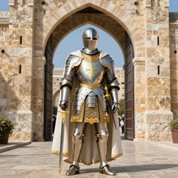man in decorated with gold 15 century crusader armor, helmet and white cape with cross holding decorated with gold sword on it standing at the gates of jerusalem drawn by greg rutkowski realistic high detail