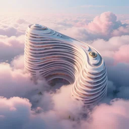 beautiful digital illustration of a curvilinear palace in a sea of clouds by Andreas Rocha, curvilinear architecture, fluffy pastel clouds, cinematic, architecture, concept art, deviantArt, artsation, artstation HQ, HD, 16k resolution, smooth, sharp detail, amazing depth, octane, finalRender, Unreal Engine