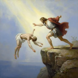 an amazing realistic painting of cain pushing abel from the edge of a cliff with a divine light in the sky, majestic mountains in the background, very detailed, painting by thomas eakins, beautiful art, smooth, elegant, intricate, vibrant, colorful