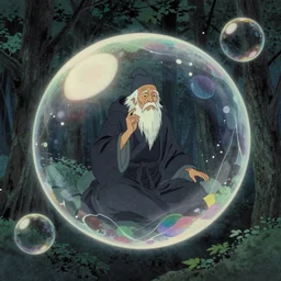 an old wizard trapped inside a floating soap bubble among the trees, ethereal, fantasy, style of kawase hasui, dramatic lighting
