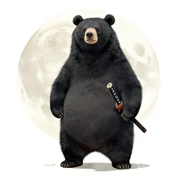 anthropomorphic, half man half asian black bear, black bear samurai, Moon Bear Samurai, epic, samurai, illustration, watercolor, in the style of Studio Ghibli, Hayao Miyazak