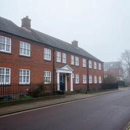 A british school on a foggy morning, brick building, tarmac