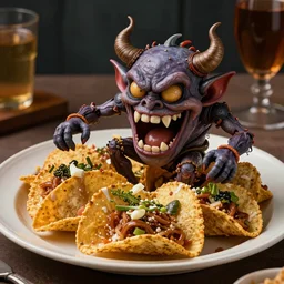 evil demon nachos monster coming off the plate, dramatic lighting, hyperrealistic, ultrarealistic, intricate details, 4k, unreal 5, digital art
