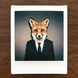 polaroid of a fox in a suit