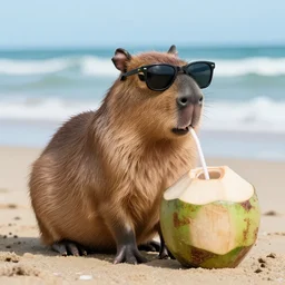 photo of a capybara with shades drinking coconut juice on the beach, octane render, artstation, 4 k, national - geographic