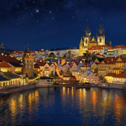 view from the river of a beautiful painting of the lantern festival in a town resembling old kyoto and old town prague, at night with a sky full of stars, intricate, elegant, highly detailed, digital painting, artstation, concept art, by krenz cushart and artem demura and alphonse mucha