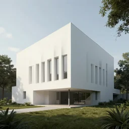 brutalist architecture white with nature in back, cinematic lighting, 3 d, unreal engine