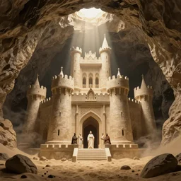 The royal castle of a sacred family hidden at the bottom of a large sand cavern. A ray of light shines on the castle from above. Concept art, trending on artstation, matte painting
