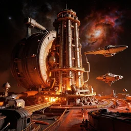 a warm colours, high contrast dark hyperreal deep space dock mining platform with massive piping inspired by nuclear reactor core maschinen krieger mri machine, chris foss, peter elson, millennium falcon space-station Vuutun Palaa submarine, space-station Vuutun Palaa, ilm, beeple, star citizen halo, mass effect, starship troopers, elysium, the expanse, iron smelting pits, high tech industrial, dramatic nebula sky, volumetric lighting