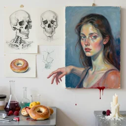 “ sensual, anatomical drawings of skull, a portrait in a female art student ’ s apartment, broken glass, bagels, brain, fresh fruit, hand reaching out from a painting, berries, scientific glassware, art materials, candle dripping white wax, berry juice drips, neo - expressionism, surrealism, acrylic and spray paint and oilstick on canvas ”