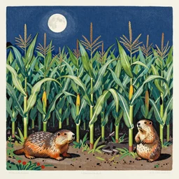 tall cornfields, miniature groundhogs, night, moon, very coherent and colorful high contrast art by simon stalenhag james gilleard floralpunk screen printing woodblock, pastel color, hard lighting, gediminas pranckevicius