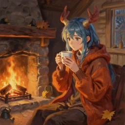 kunkka enjoying coffee near crystal maiden, wearing autumn clothing, near a fireplace in the cabin. pixiv, masterpiece, wlop, oil painting, ranked on artstation