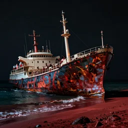 a ship wreck on the shore of a red sea, pitch black environment, cinematic light, rule of thirds composition, by Wadim Kashin, featured in artstation, octane render, cinematic, elegant, intricate, 8k