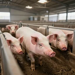 an upshot of the inside of a factory farm, pigs