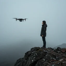 a woman standing on top of a mountain with a drone flying beside her, camera obscura, photography, realistic, technology, dark, gloomy, misty, ethereal, 4k, daido moriyama, hr giger