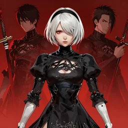 highly detailed portrait of a female cyborg, by Dustin Nguyen, Akihiko Yoshida, Greg Tocchini, Greg Rutkowski, Cliff Chiang, 4k resolution, nier:automata inspired, bravely default inspired, vibrant but dreary red, black and white color scheme!!!