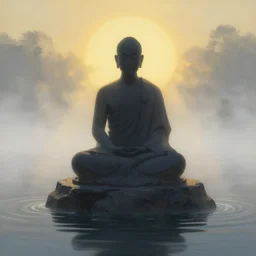 anderson debernardi painted style a one silhouette of a meditating monk sitting in the fog on a stone protruding from the water in the rays of the morning sun