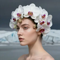 a glacier made of orchids inside the head of a fashion model 4K HD realism and photorealistic
