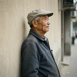 Old man leaning against a wall