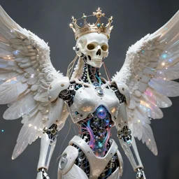 ai biomech, ethereal ultralight humanoid robot skull king with crown mechanism, quantum physics, angelic and unsettling, wires, veins, ferrofluid, bismuth, style blend of hideo kojima, shepard fairey, and botticelli, city backdrop is a blend of the vatican, neo - andean architecture and brutalism, 4 k photorealistic, ultra fine inklines