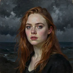 Elle Fanning in the style of Paola Vetri, head and shoulders portrait, stormy weather, extremely detailed masterpiece, oil on canvas, low-key neon lighting, artstation, Beyond the Black Rainbow, Roger Deakin’s cinematography, by J. C. Leyendecker and Peter Paul Rubens and Edward Hopper and Michael Sowa,
