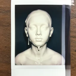 a liquid white clay porcelain portrait of a face melt down flow go runny, body painted with white thick fluid, realistic detailed watercolor polaroid, grainy image, contrast