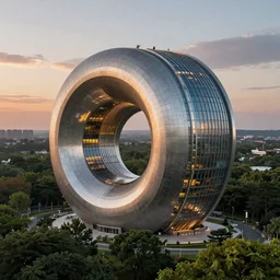a stunningly detailed building designed by Zaha Hadid, surrounded by lush green forest, stunning volumetric lighting, sunset, metal, concrete, glass, stunning skies, trending on Artstation, 8k, photorealistic, hyper detailed, unreal engine 5, Rhinoceros 3D, IMAX quality, cinematic, epic lighting, in the style of Greg Rutkowski