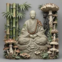 ancient japanese monk, by kiki smith, by maria sibylla merian, by wangechi mutu, concept art, 3 - dimensional, bamboo, mushrooms, mycelium, mycena acicula, tremella - fuciformis, insanely detailed and intricate, hypermaximalist, elegant, ornate, hyper realistic, super detailed