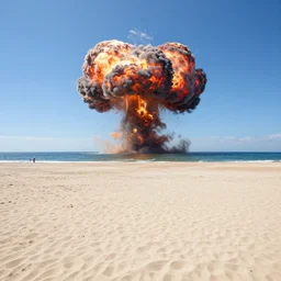sunny day at the beach blue sky big explosion on the horizon war apocalyptic realistic