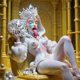 photo of baroque and bladerunner delicate neon diamond sculpture of ceramic albino king santiago cabrera seductive delicious tongue out, creamy red iridescent humanoid deity wearing white puffy hoody holding diamond skull in a yellow metallic dungeon, reclining, glowing rainbow face, crown of white diamonds, cinematic lighting, photorealistic, octane render 8 k depth of field 3 d