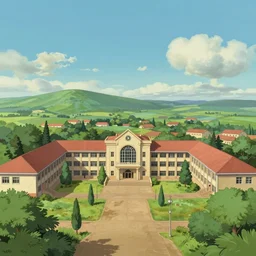 senegalese college university campus in the year 1 9 9 0, beautiful landscape, concept art illustration, by studio ghibli and dwayne mcduffie and denys cowan, hot pink and gold color scheme, 3 2 k, hd, intricate details, epic composition, perfect rules of thirds