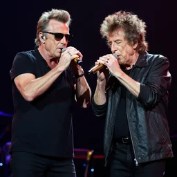 photo of bruce springsteen and bob dylan doing a harmonica duo on stage at a festival