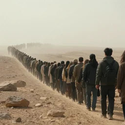 cinematic still of people queueing single file into the mist in a rocky desert