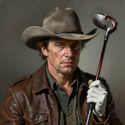 portrait painting of woody harrelson, with a cowboy hat and bloody golf club, ultra realistic, concept art, intricate details, eerie, highly detailed, photorealistic, octane render, 8 k, unreal engine. art by artgerm and greg rutkowski and alphonse mucha