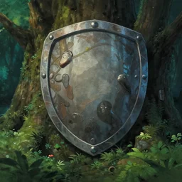 big shield in the fantasy forest, by ghibli, pixar, disney, dark, albert bierstadt, 4 k, high detail