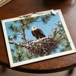 damaged postcard of 'an eagle in the nest of a snowy pine tree' laying on coffee table, zoomed out shot