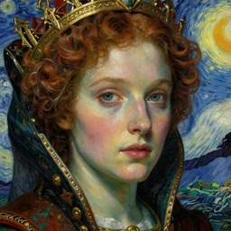 detailed realistic beautiful young medieval queen face portrait by jean delville and vincent van gogh, art nouveau, symbolist, visionary, gothic, pre - raphaelite