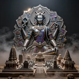 epic dark studio shooting at Khajuraho, steam, smoke, dust, rimlight, godes, made from electric condensators Shiva, veins, vibrant, xray,  flat shaped chrome relief, fossil, MINIATURE CITY, mechanic bionic fungus flower cyberpunk cat mechabot, by david lachapelle, maze, tubes, joints, buttons, gears, relief by Goga Tandashvili, by jonas burgert, by Wayne Barlowe, cinematic