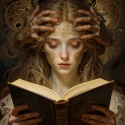 a girl reading a book, hidden hands, insane, intricate, highly detailed face, digital painting, artstation, concept art, smooth, sharp focus, illustration, unreal engine 5, 8 k, art by artgerm and greg rutkowski and alphonse mucha