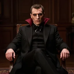 a film still of Klaus Iohannis the vampire sitting in a chair, dramatic lighting